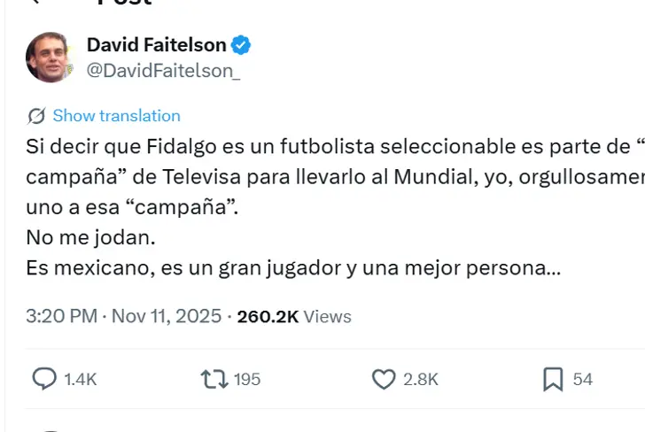Captura de pantalla sobre el 'tweet' de David Faitelson y la posibilidad de ver a Fidalgo en Selección Mexicana.