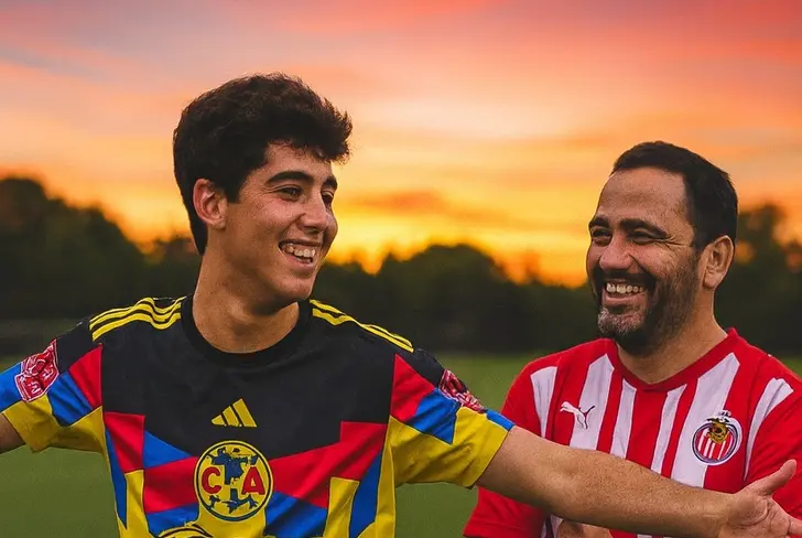 Imagen representativa del padre de Alejandro y el contento con el debut de su hijo con el acérrimo rival.